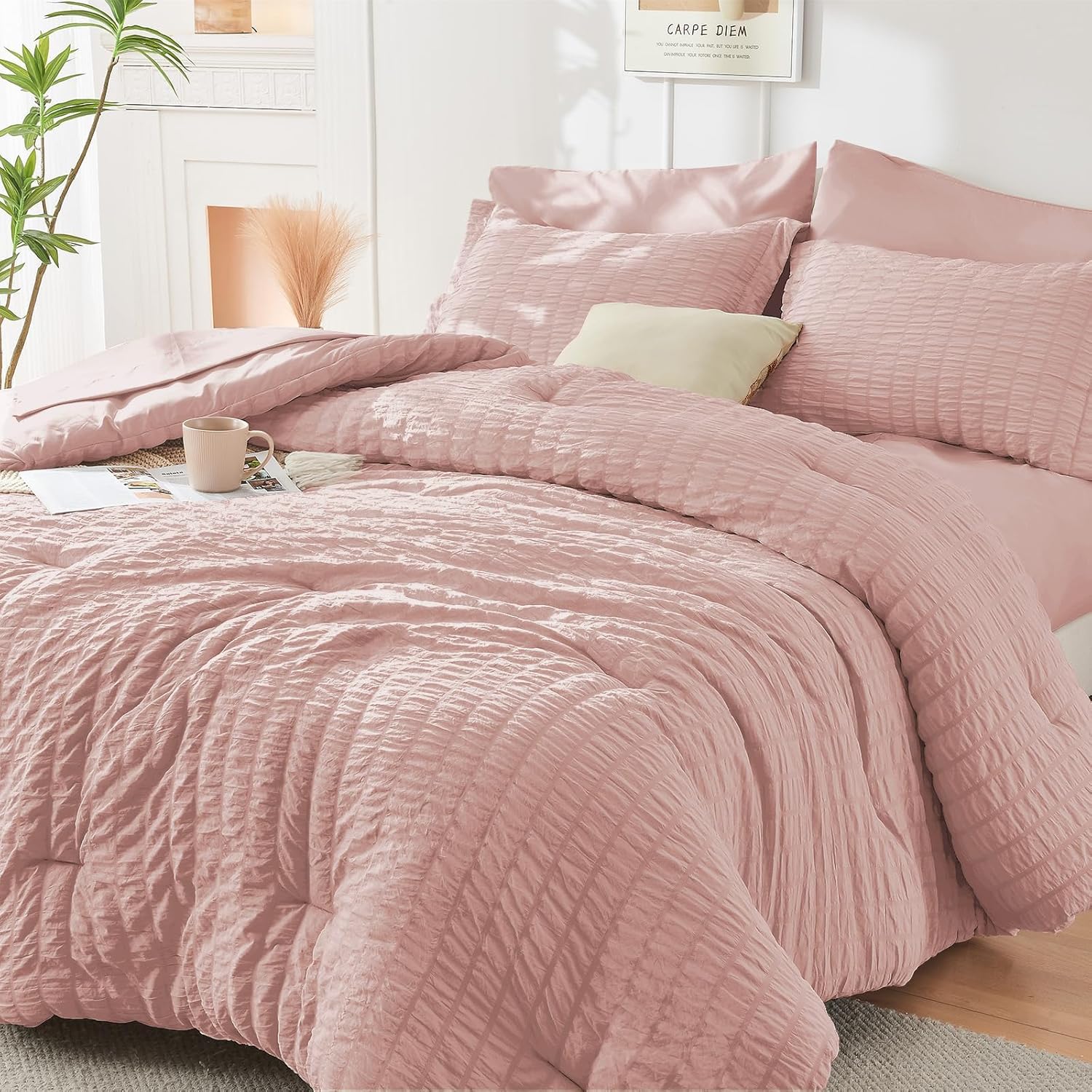 HYMOKEGE 7 Piece King Size Comforter Set Seersucker, All Season Luxury Bed in a Bag for Bedroom, Bedding Set with Comforters, Sheets, Pillowcases & Shams, Dark Grey