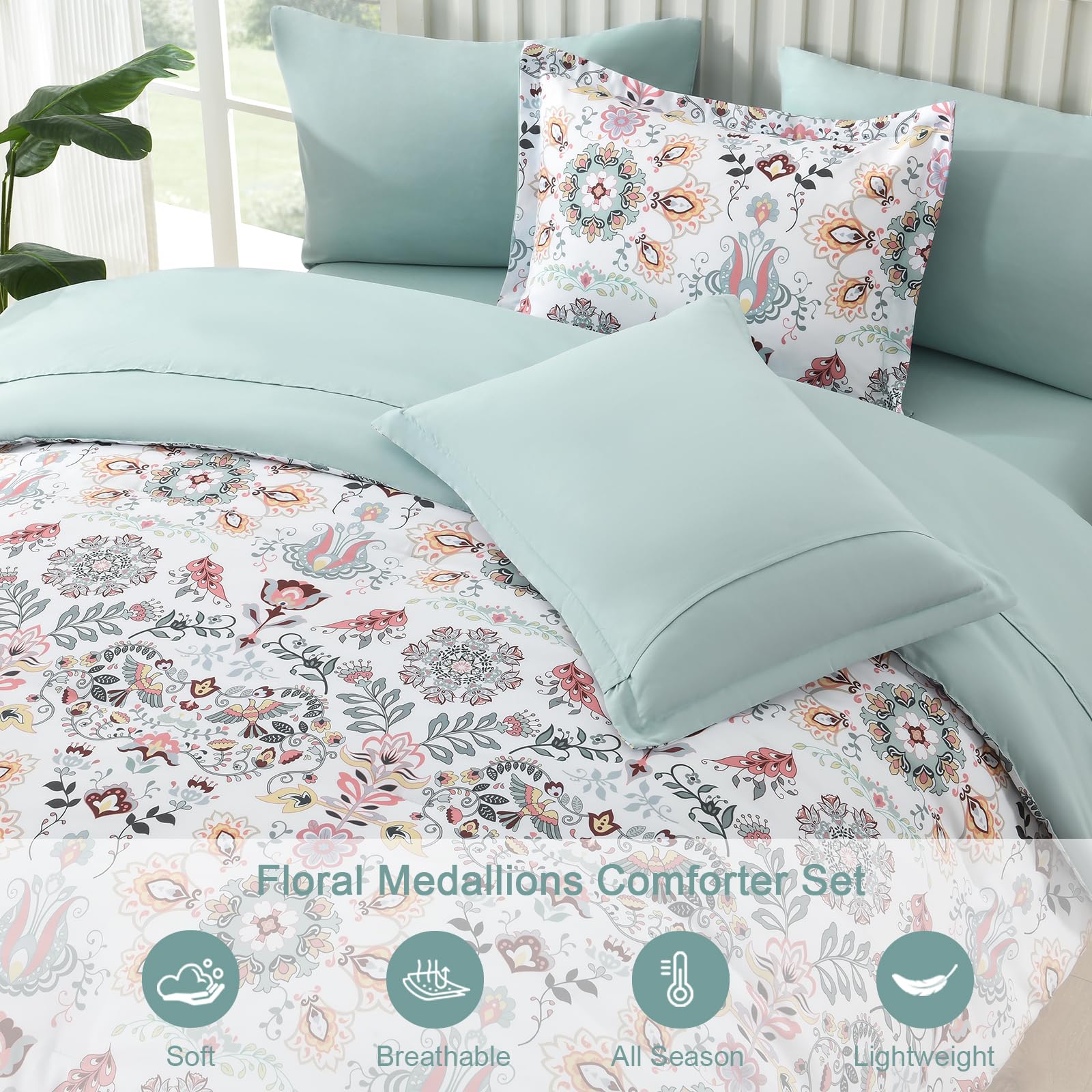 DHSFKBE 7 Piece Bed in a Bag Floral Comforter Set, Botanical Flowers Comforter and Sheet Set, Soft Microfiber Lightweight Bedding Comforter Set for All Season(Dark Floral, King)