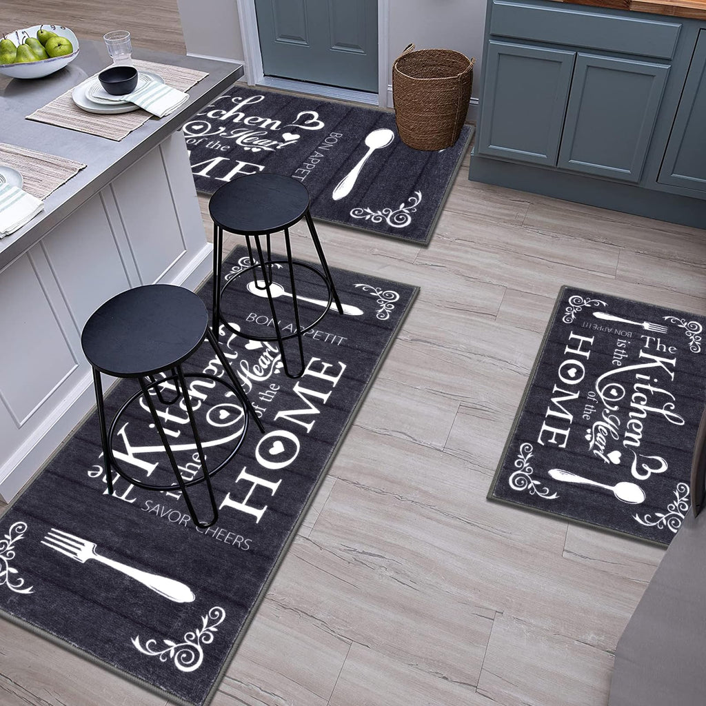 Vaukki Boho Kitchen Rug Sets 3 Pieces, Washable Kitchen Mats for Floor, Non Slip Soft Kitchen Area Rug Floor Mat for Kitchen, Laundry Room and Hallway (Grey and Beige, 20''x32''+20''x47''+20''x59'')