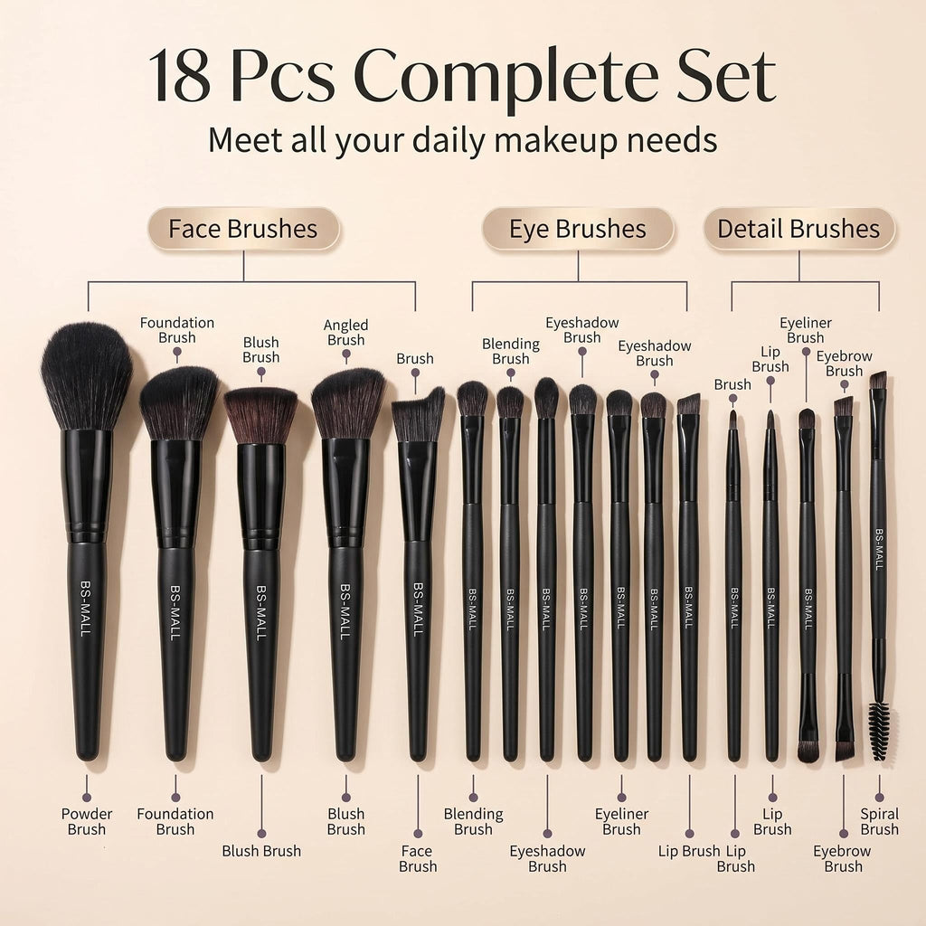 BS-MALL Makeup Brush Set 18 Pcs Professional Foundation Powder Concealers Eyeshadow Blush Synthetic Makeup Brushes with Labeled instruction Black Case Upgraded Version