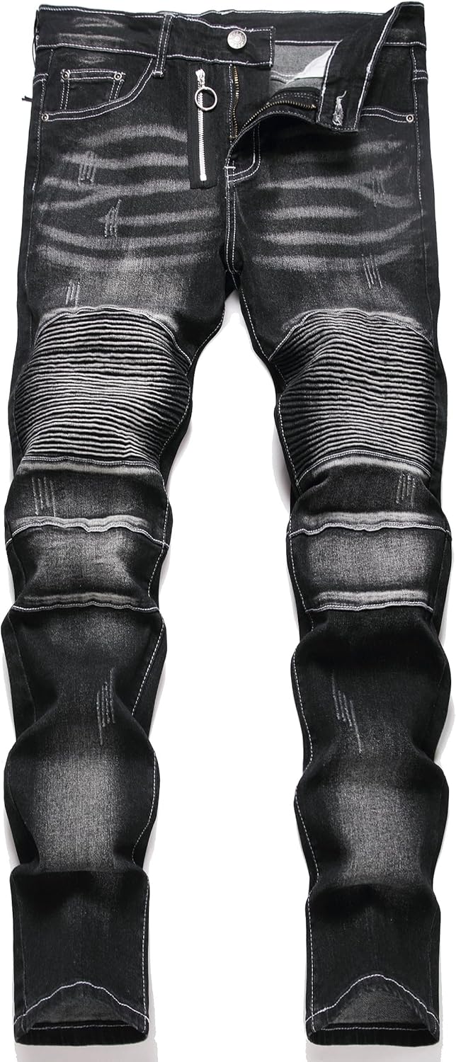 XIMXIMMTIAN Men's Biker Moto Washed Distressed Slim Fit Straight Jeans Denim