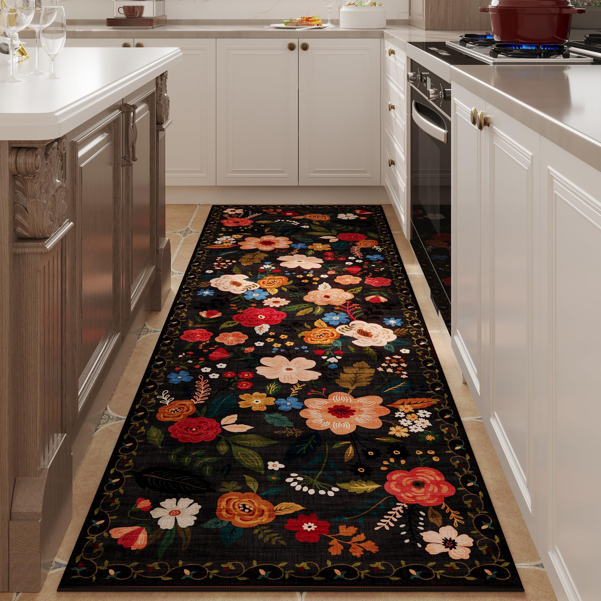 Rugcomf Area Rugs 8x10 Rug for Living Room Clearance Washable Boho Area Rug Non Slip Floral Vintage Low Pile Large Rug for Living Room, Bedroom, Farmhouse, Dining Room, Kids Playroom(Black)