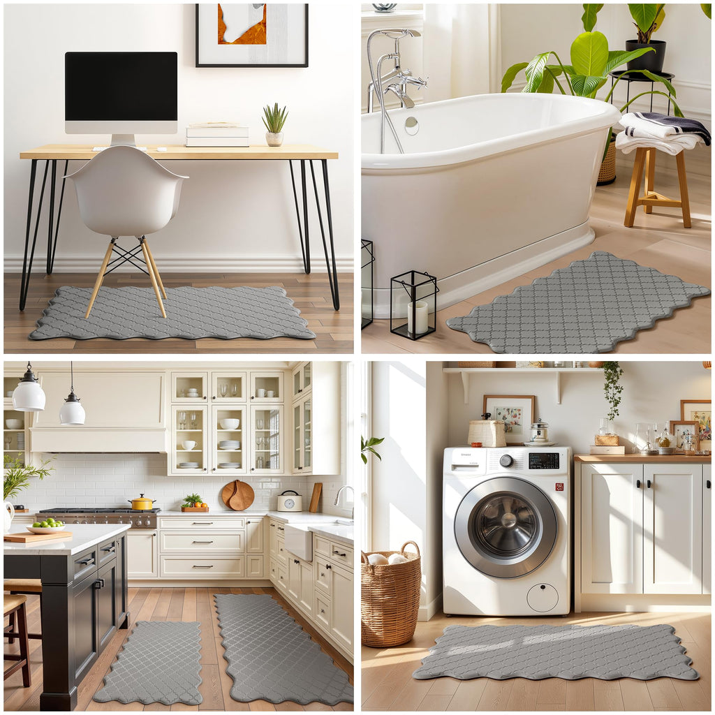 Arenarug Upgrade Scalloped Embossed Kitchen Mats for Floor 2PCS Cushioned Anti Fatigue Waterproof Foam Kitchen Rugs Non Slip Washable Comfort Standing Mat for Office Sink Laundry, Black