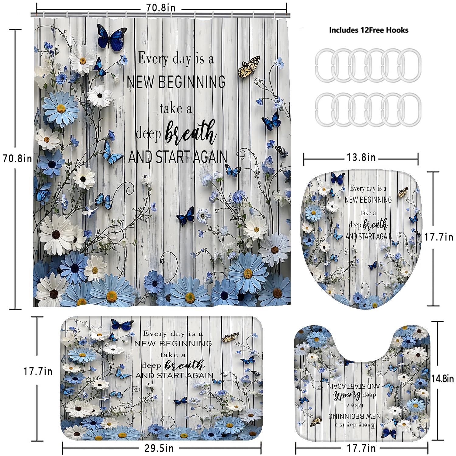 AZHM 4PCS Lotus Shower Curtain Set Black and Gold Flower Bathroom Decor Sets with Shower Curtain and Rugs and Accessories with 12 Hooks for Toilet