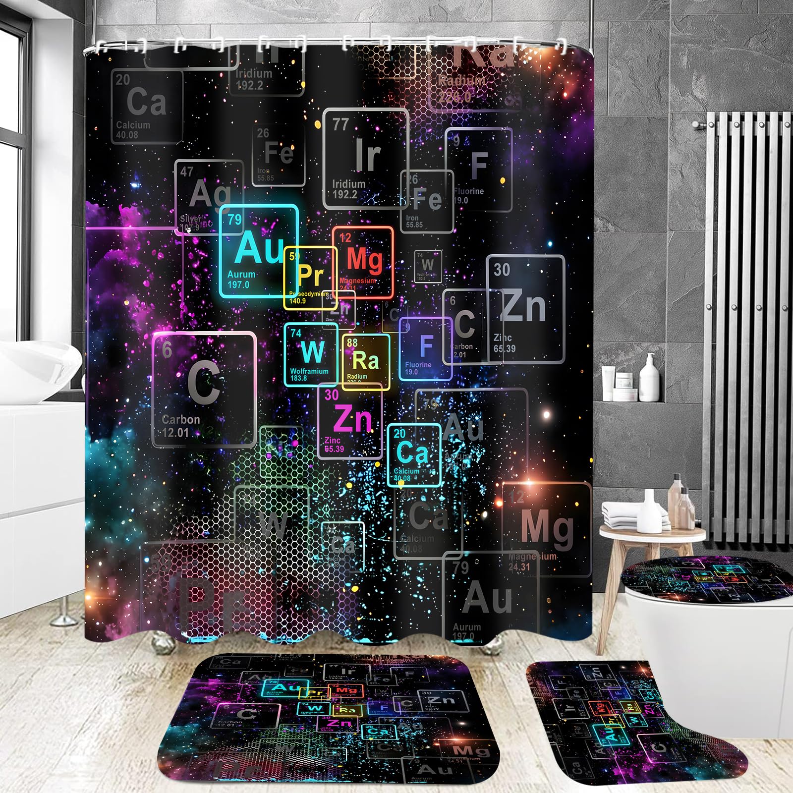 Yizheer Luxury 4Pcs Black & Gold Shower Curtain Set, Damascus Pattern Waterproof Bathroom Decor Kit (Shower Curtain + Bath Rugs + Toilet Lid Cover + Hooks), Elegant Vintage Curtain for Bathroom