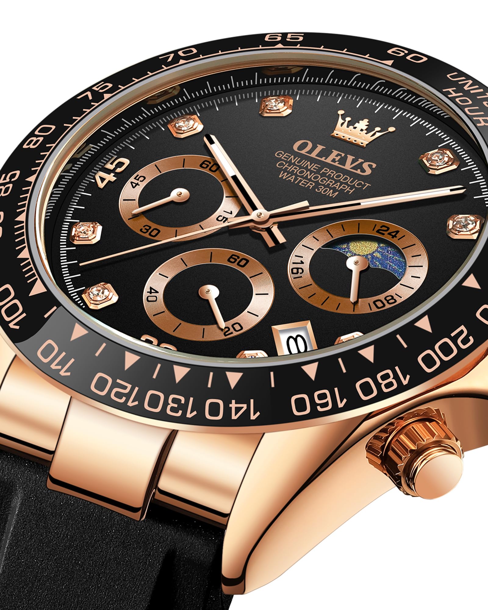 OLEVS Men Analog Quartz Waterproof Watches Multifunction Chronograph Diamond Moon Phase Luminous Silicone Band Wrist Watches