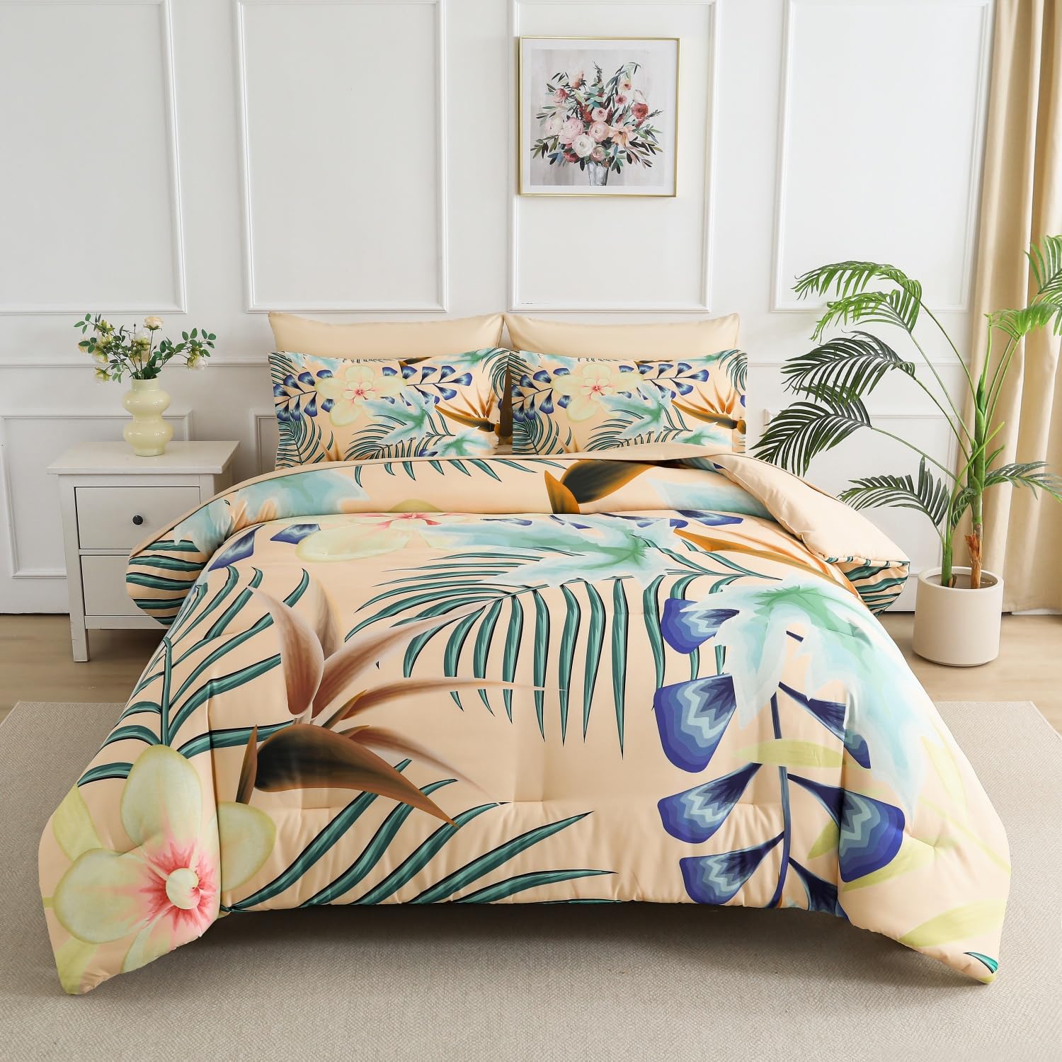 Yogeneg 7 Piece Bed in a Bag King Size Comforter Set Black Bedding Set,Gold Butterfly Leaves Printed on Black Reversible Design,Soft Microfiber Comforter with Sheet Set,All Season(Butterfly,King)