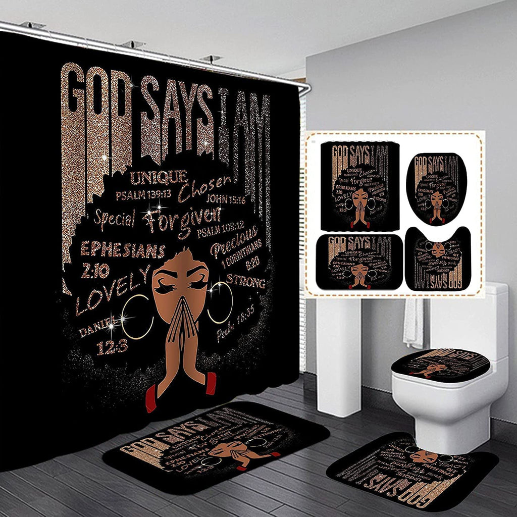 African American Shower Curtain Sets for Bathroom, Black Praying King Bathroom Sets with Waterproof Shower Curtain and Non-Slip Rugs Toilet Lid Cover Bath Mat, Cool Unique Man Bathroom Decor Sets