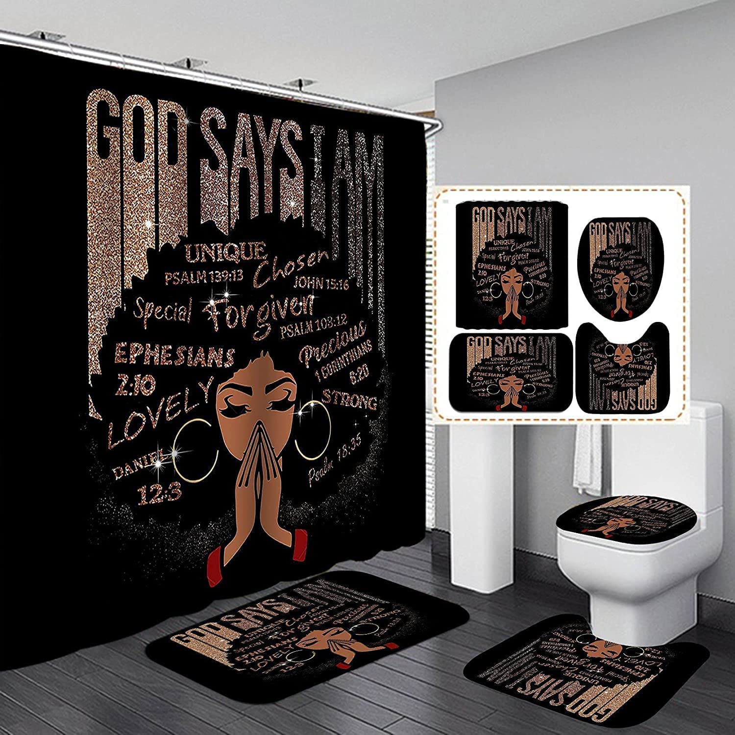 African American Shower Curtain Sets for Bathroom, Black Praying King Bathroom Sets with Waterproof Shower Curtain and Non-Slip Rugs Toilet Lid Cover Bath Mat, Cool Unique Man Bathroom Decor Sets