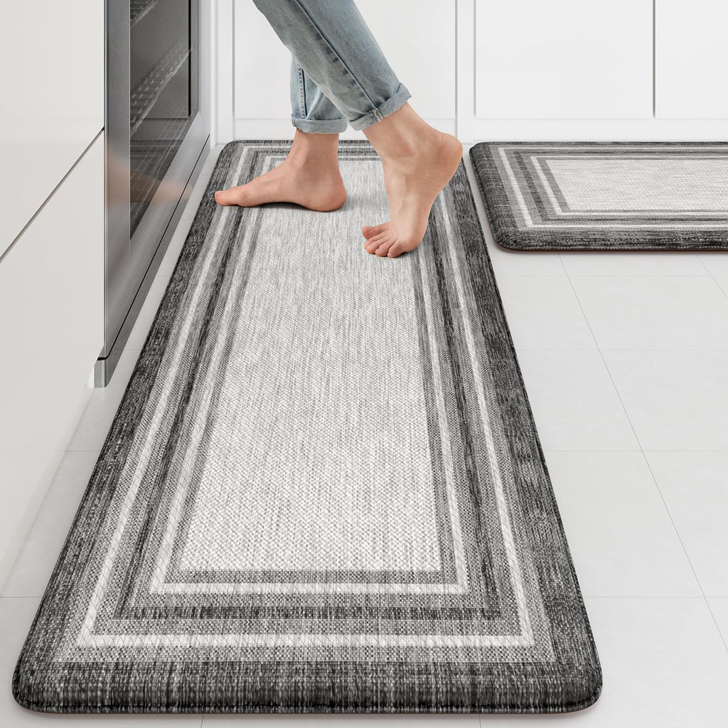 KIMODE Kitchen Mats 2PCS,Cushioned Anti Fatigue Kitchen Rugs and Mats,Non Skid Waterproof Kitchen Mats for Floor,Comfort Foam Standing Mat for Home Decor, Office,Sink,Laundry Room,Desk,Black and White