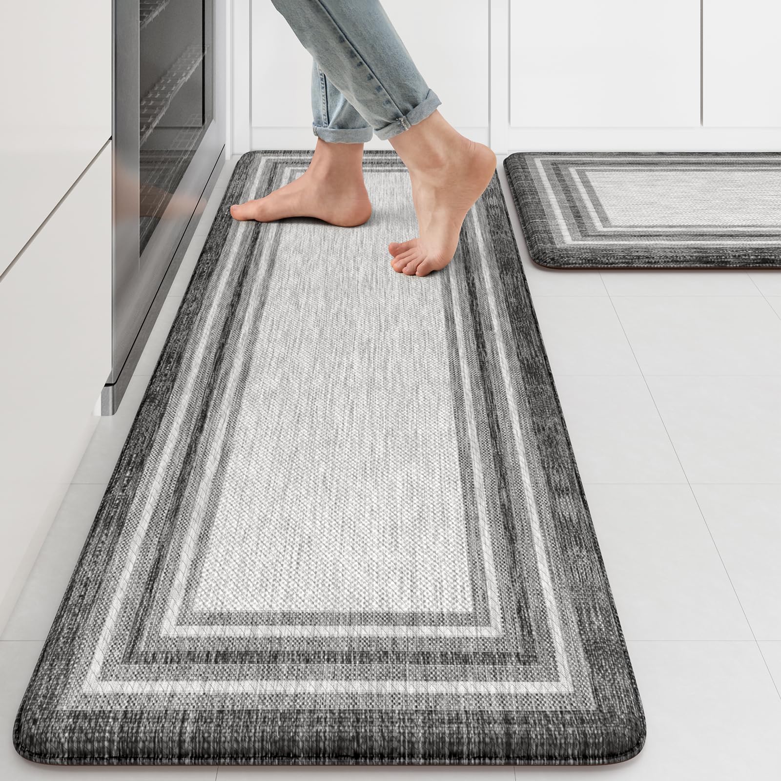KIMODE Kitchen Mats 2PCS,Cushioned Anti Fatigue Kitchen Rugs and Mats,Non Skid Waterproof Kitchen Mats for Floor,Comfort Foam Standing Mat for Home Decor, Office,Sink,Laundry Room,Desk,Black and White