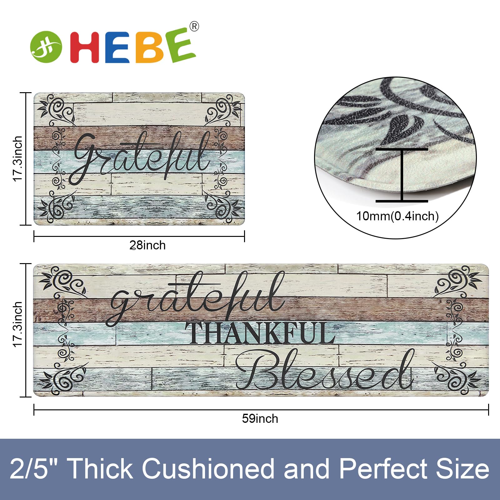 HEBE Anti Fatigue Kitchen Mat Set of 2 Non Slip Cushioned Kitchen Mats for Floor Waterproof Farmhouse Kitchen Rugs and Mats Set Comfort Standing Desk Mat Carpet for Sink,Office,Laundry