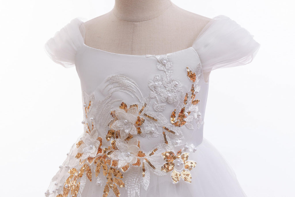Weileenice Vintage Off the Shoulder Flower Girl Dress Lace Embroidery Little/Big Girls Wedding Bridesmaid Holiday Ballgown