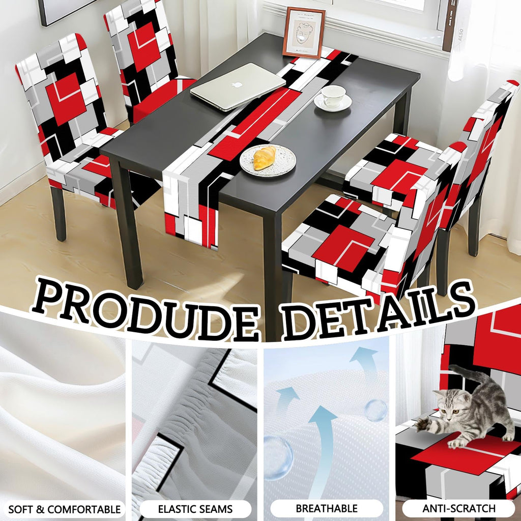 MCALK Geometric Navy Blue Chair Covers Set of 4 and Table Runner,Stretch Navy Blue Chair Slipcovers for Kitchen,Washable Removable Chair Protector Modern Chair Covers for Dining Room