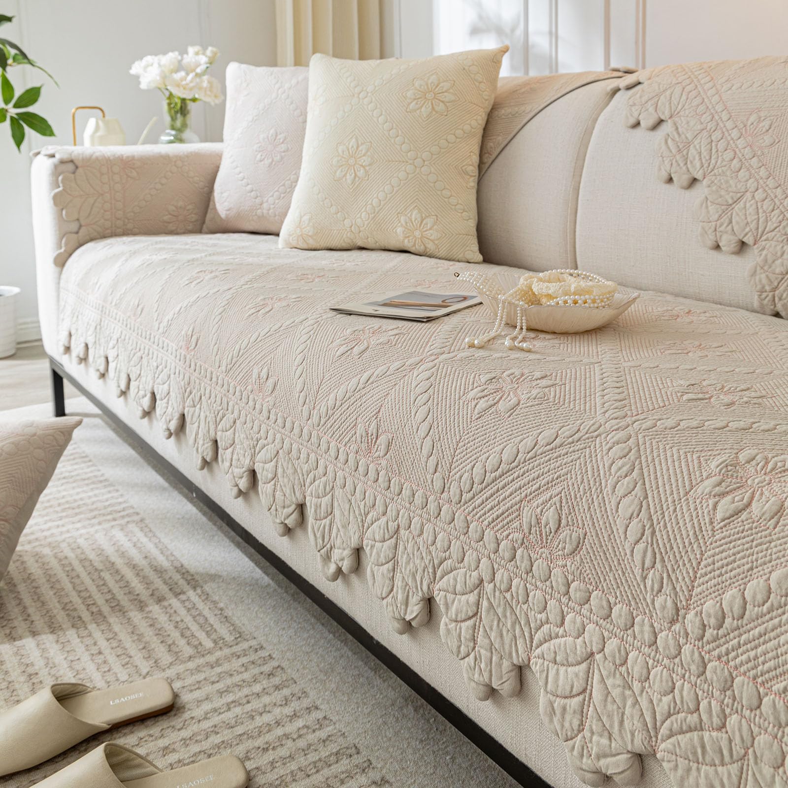 Cotton Quilted Dog Couch Cover for Sofa Farmhouse Rustic Embroidery Sectional Couch Cover Soft Anti-Slip Sofa Slipcover Furniture Protector for Kids, Pets (Khaki,36"x36")