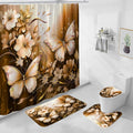Litabel 4 Pcs Black Floral Butterfly Shower Curtain Set with Non-Slip Rugs, White Gold Modern Toilet Lid Cover and Bath Mat, Elegant Bathroom Decor Set (Hooks Not Included)