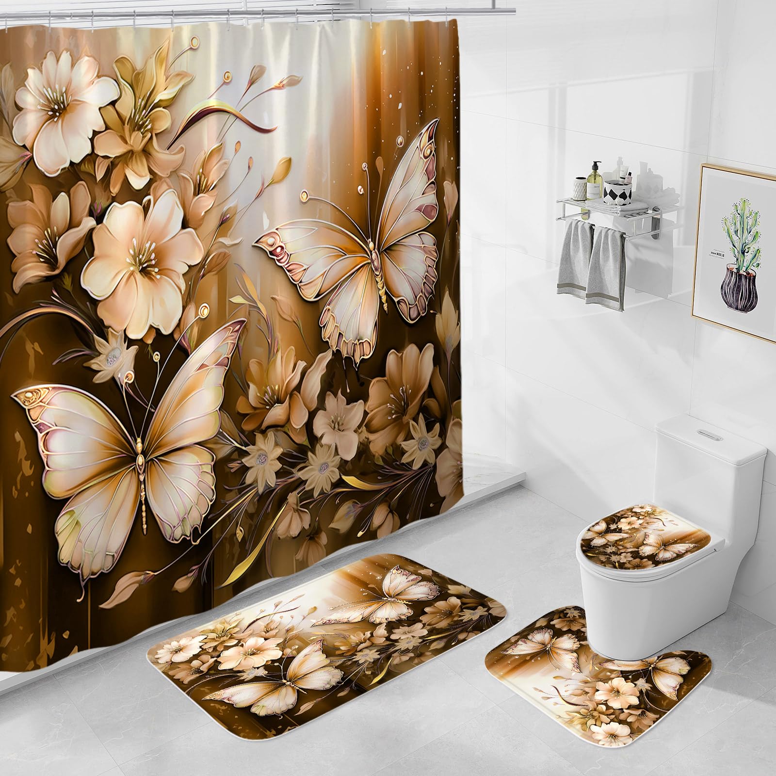 Litabel 4 Pcs Black Floral Butterfly Shower Curtain Set with Non-Slip Rugs, White Gold Modern Toilet Lid Cover and Bath Mat, Elegant Bathroom Decor Set (Hooks Not Included)