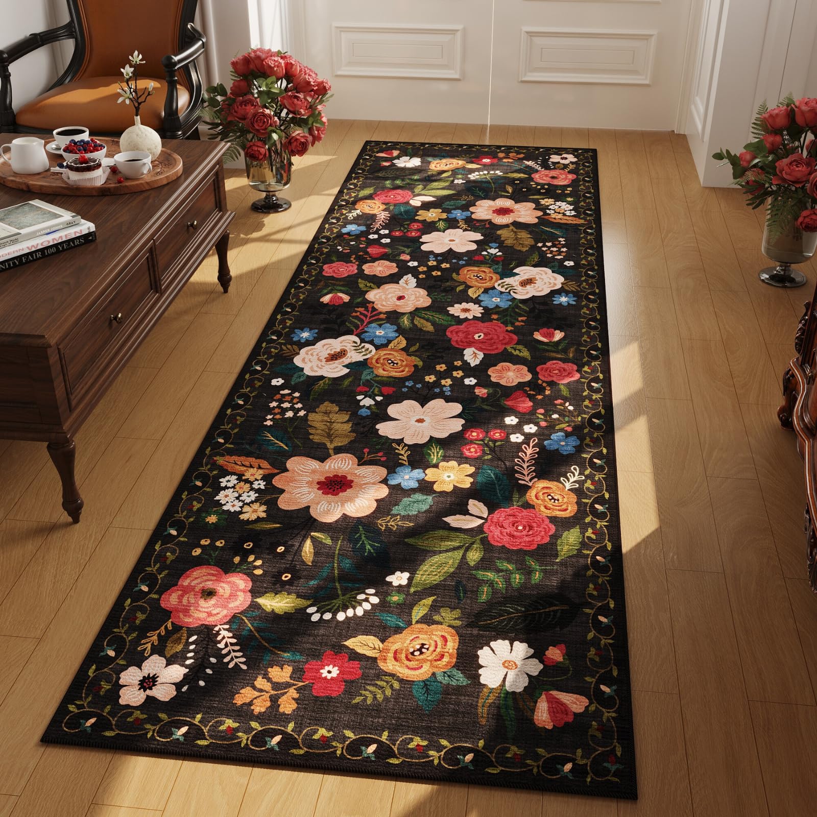 Rugcomf Area Rugs 8x10 Rug for Living Room Clearance Washable Boho Area Rug Non Slip Floral Vintage Low Pile Large Rug for Living Room, Bedroom, Farmhouse, Dining Room, Kids Playroom(Black)