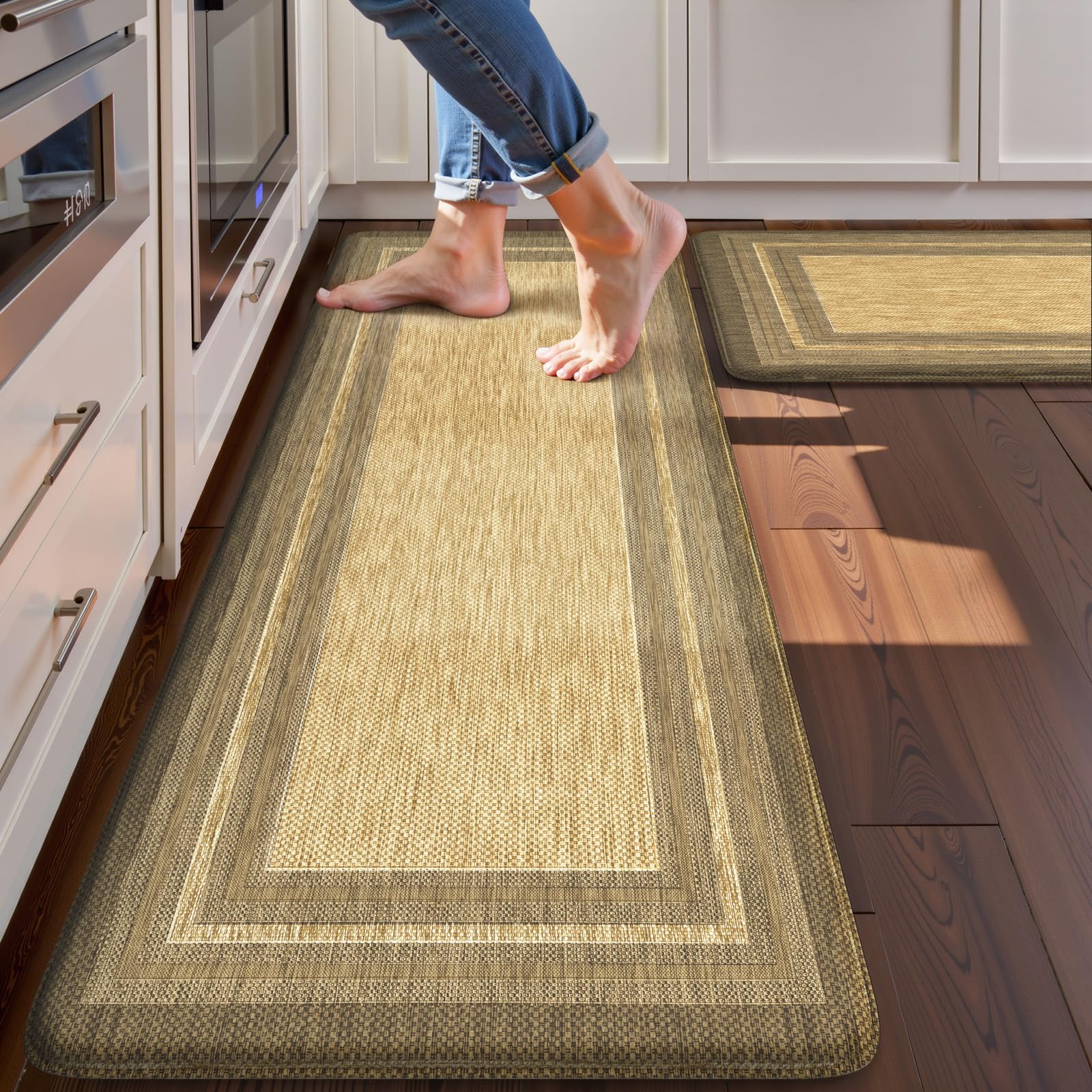 KIMODE Kitchen Mats 2PCS,Cushioned Anti Fatigue Kitchen Rugs and Mats,Non Skid Waterproof Kitchen Mats for Floor,Comfort Foam Standing Mat for Home Decor, Office,Sink,Laundry Room,Desk,Black and White