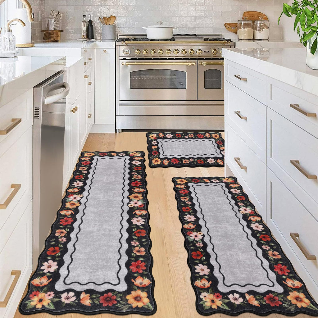 Vaukki Boho Kitchen Rug Sets 3 Pieces, Washable Kitchen Mats for Floor, Non Slip Soft Kitchen Area Rug Floor Mat for Kitchen, Laundry Room and Hallway (Grey and Beige, 20''x32''+20''x47''+20''x59'')