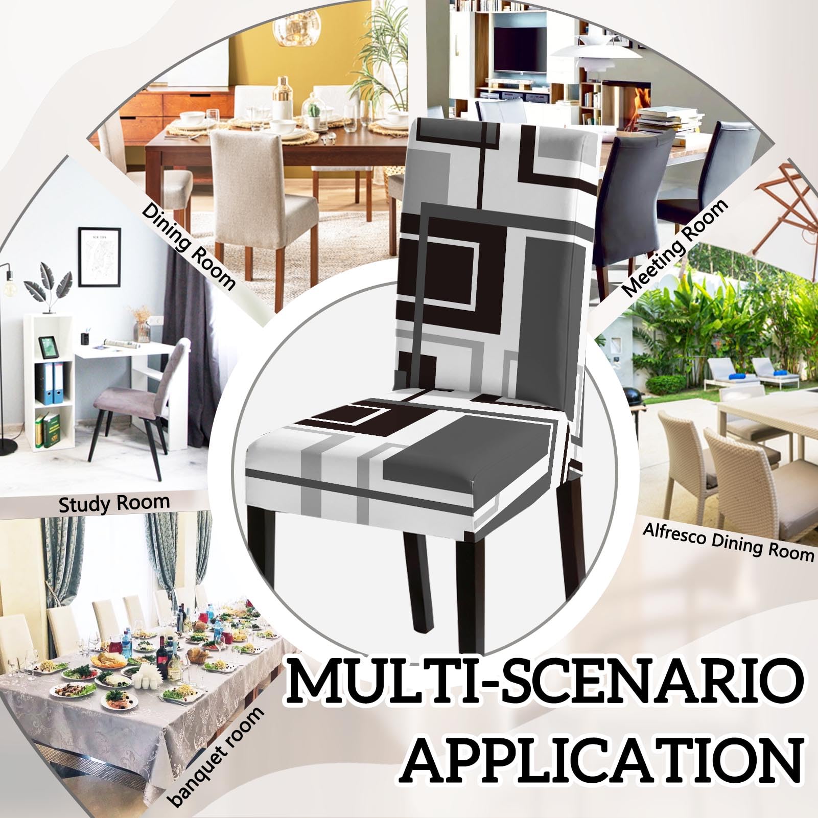MCALK Geometric Navy Blue Chair Covers Set of 4 and Table Runner,Stretch Navy Blue Chair Slipcovers for Kitchen,Washable Removable Chair Protector Modern Chair Covers for Dining Room