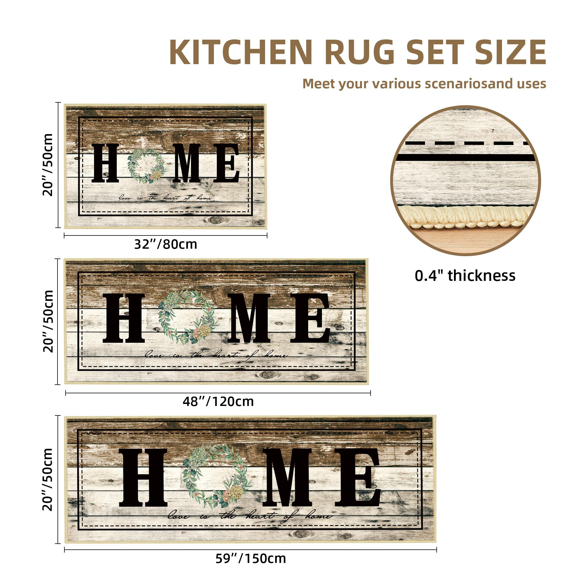 Tritard 100% Non Slip Kitchen Mats for Floor Washable Kitchen Rugs Sets of 3 Farmhouse Kitchen Runner Rug Soft Rustic Kitchen Floor Carpet for Hallway, Laundry, Sink, Office, Brown