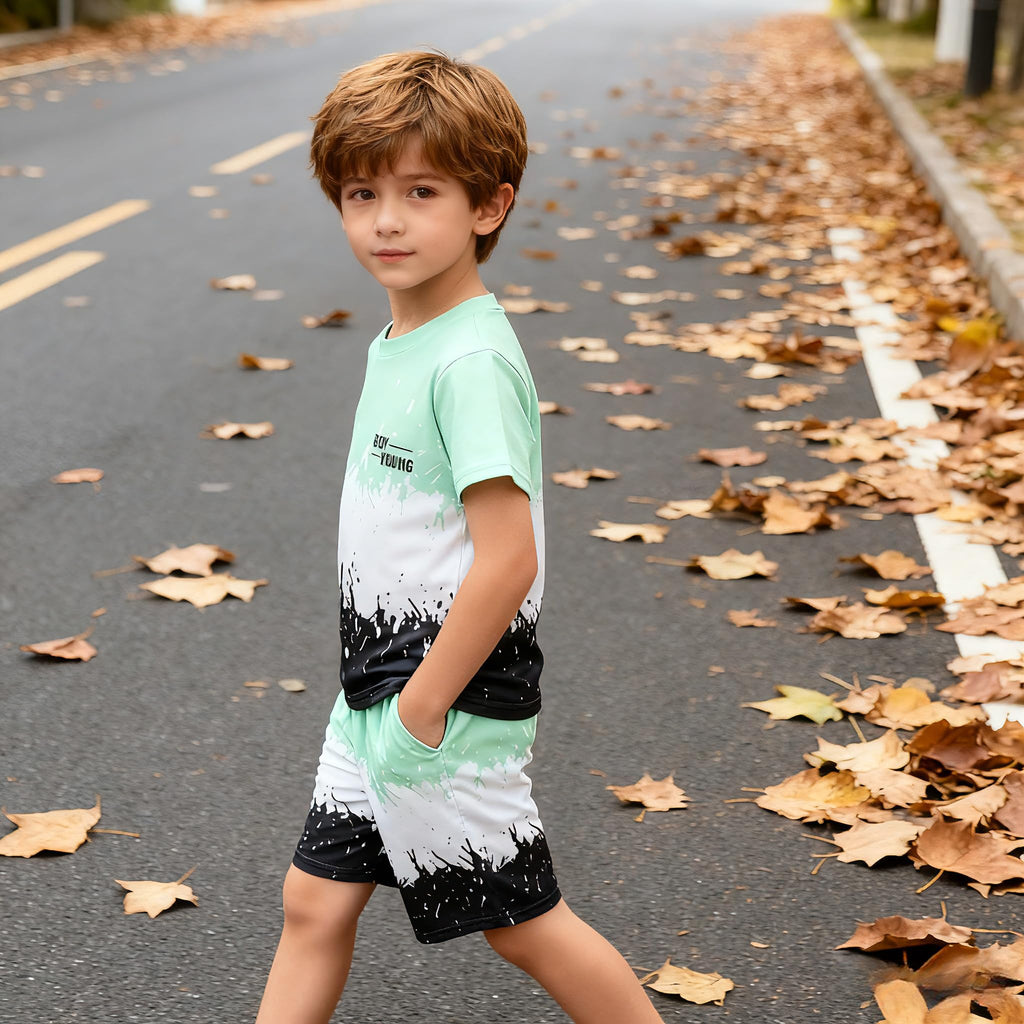 Kids Tween Boy Casual Clothing Set Letter Graphic Colorblock Tee +Shorts Summer Clothing Set 4-14 Years