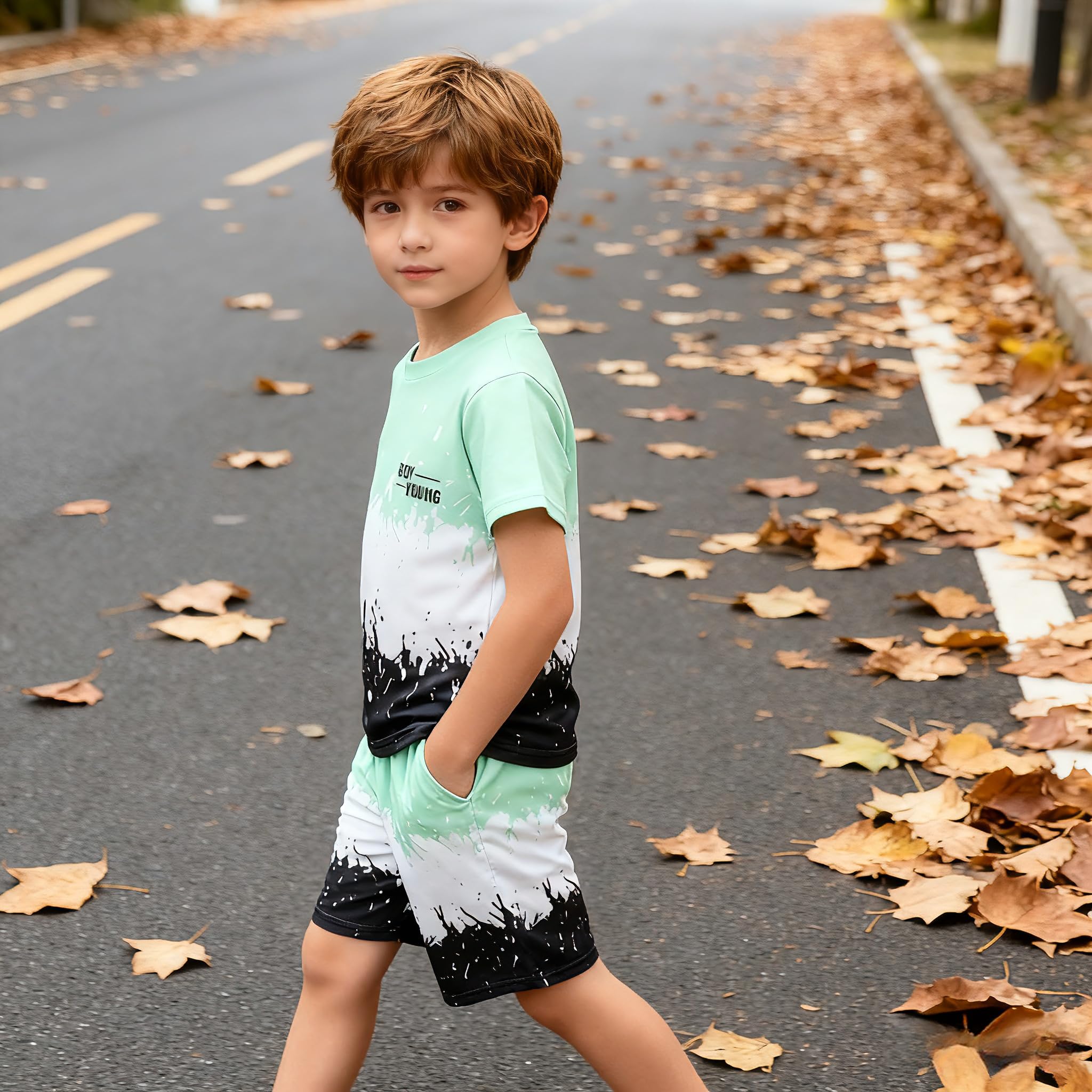 Kids Tween Boy Casual Clothing Set Letter Graphic Colorblock Tee +Shorts Summer Clothing Set 4-14 Years