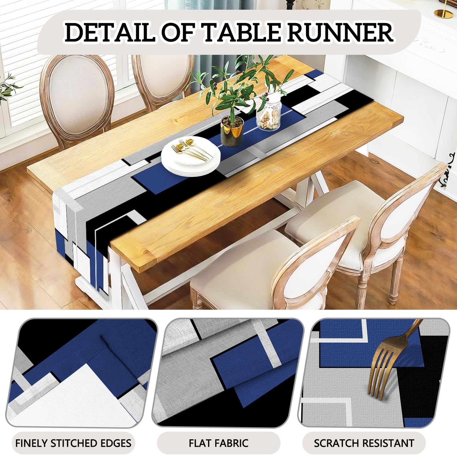 MCALK Geometric Navy Blue Chair Covers Set of 4 and Table Runner,Stretch Navy Blue Chair Slipcovers for Kitchen,Washable Removable Chair Protector Modern Chair Covers for Dining Room