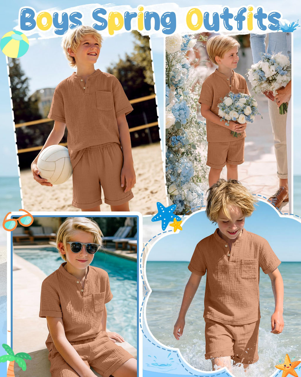 Boys 2 Piece Cotton Outfits 5-14Y Short Sleeve Button Down Shirt Shorts Pockets Summer Clothes Henley Casual Set