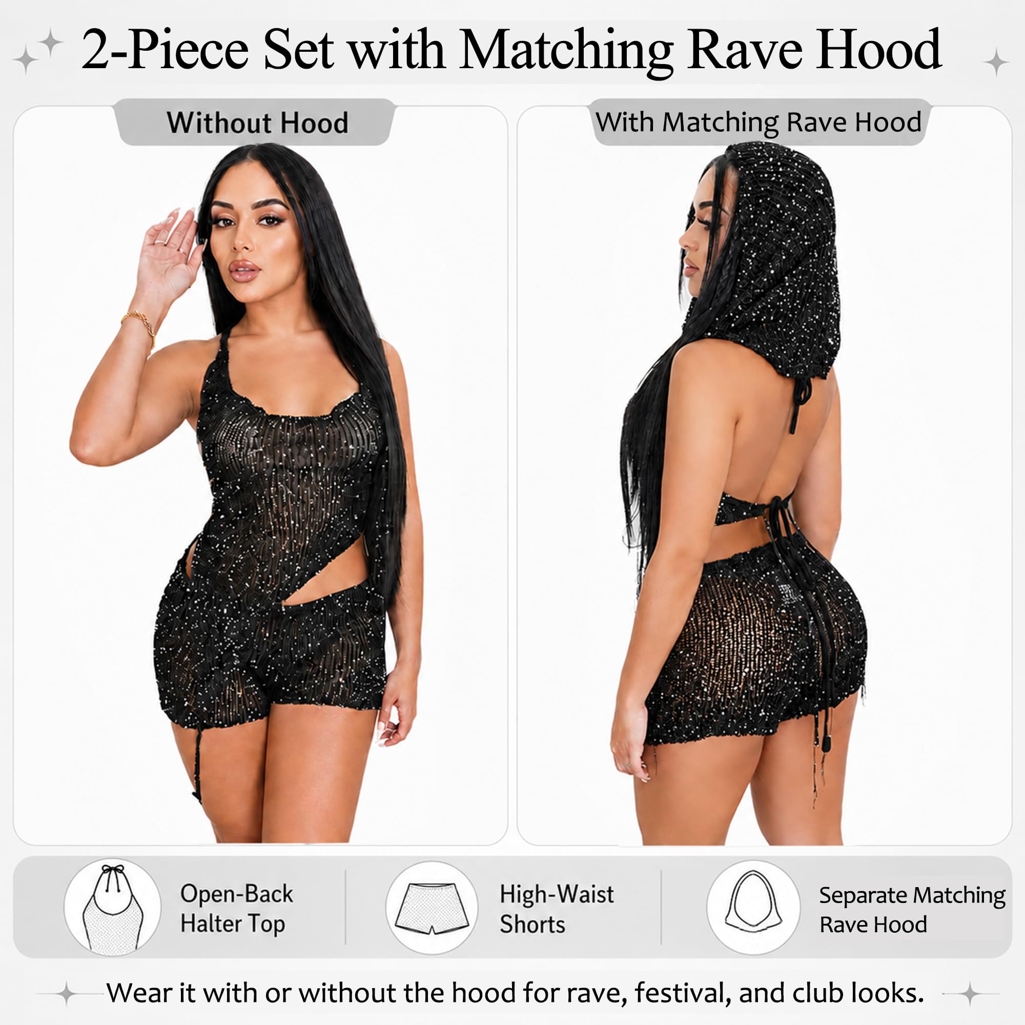 KANSOON Sexy Two Piece Outfits for Women Sequin Knit Backless Irregular Halter Top Crochet Shorts Set with Matching Rave Hood