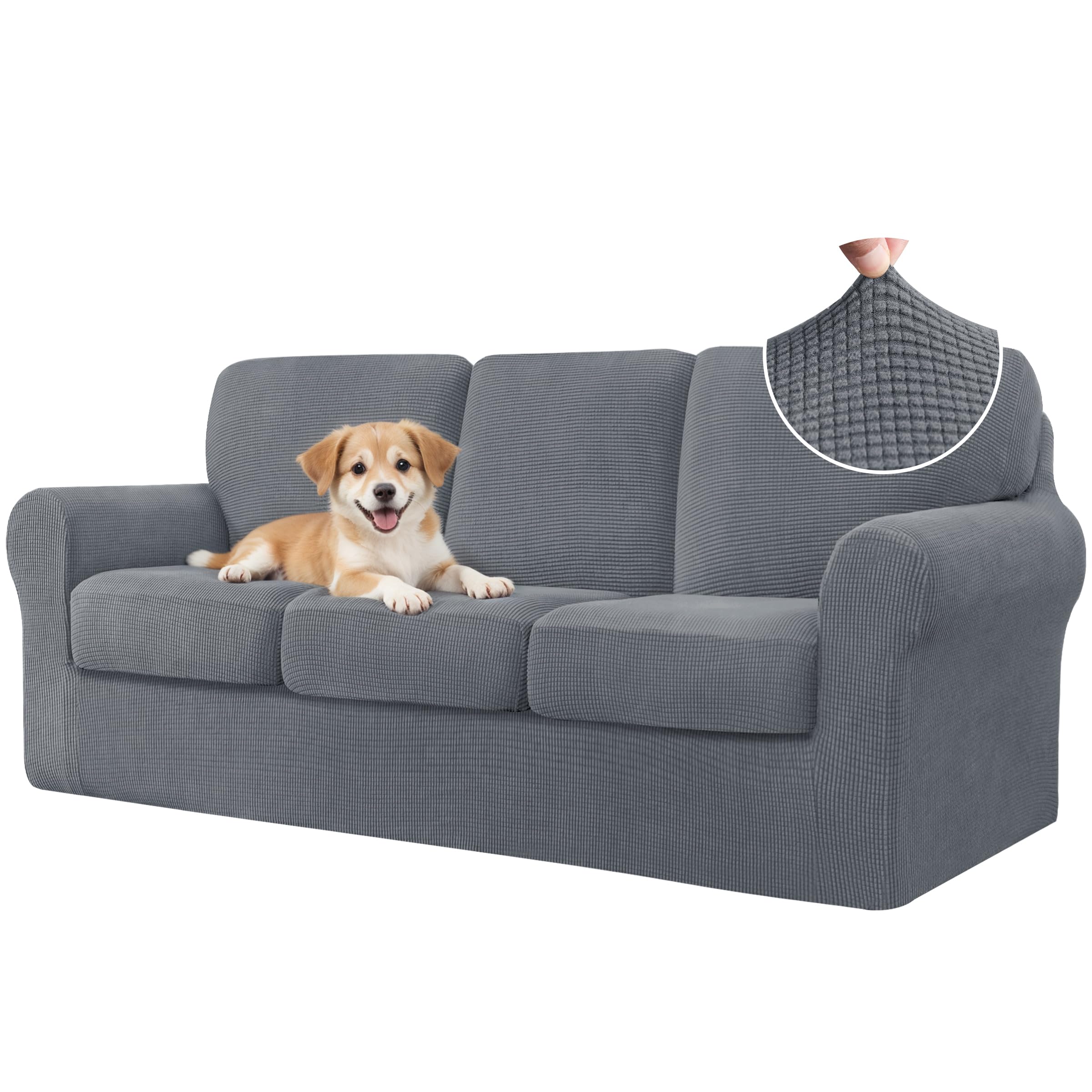 CHUN YI 7 Piece Couch Covers Sofa Covers Washable, Stretch Sofa Slipcovers for 3 Cushion Couch with Seperate Backrest and Cushion Covers, Anti Slip Furniture Protector for Dogs Pets (Large, Grey)