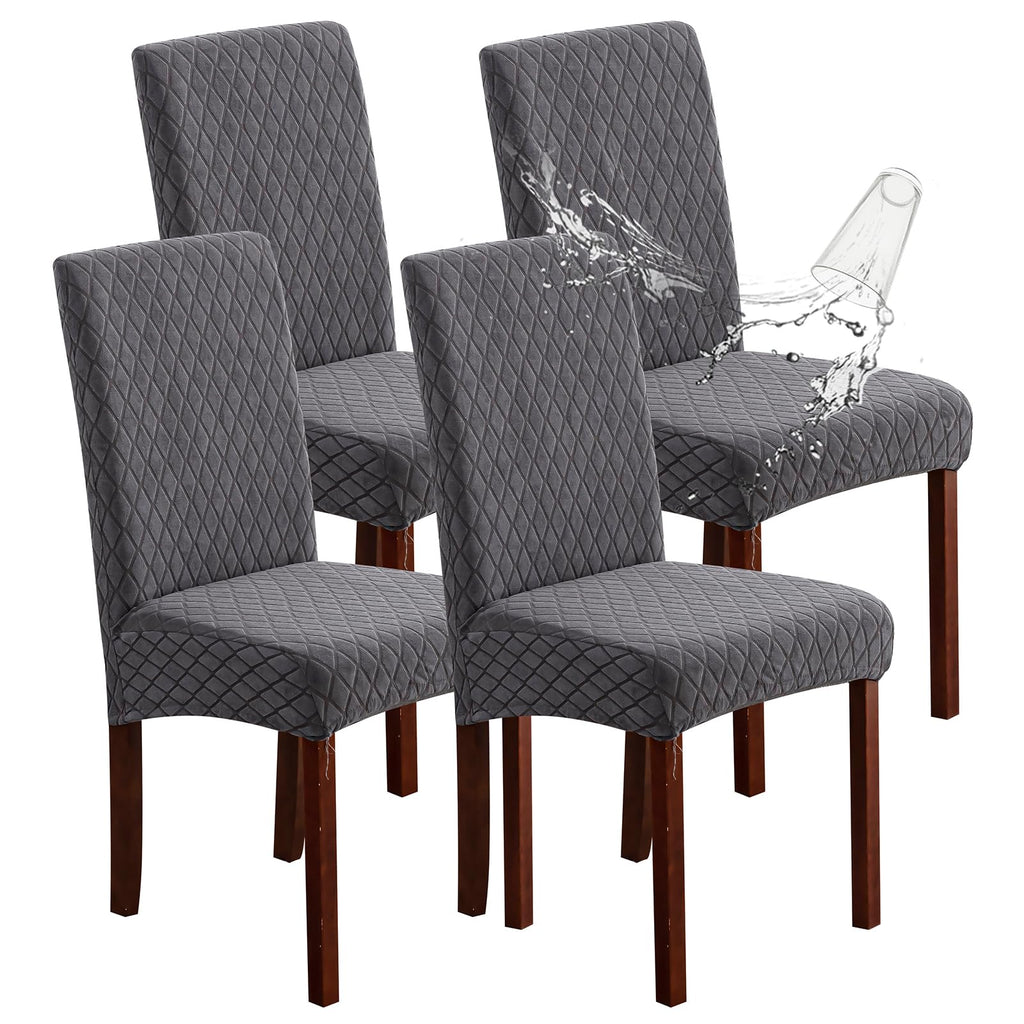 Genina Waterproof Chair Covers for Dining Room 6 Pack, Stretch Jacquard Dining Chair Cover Removable Washable Chair Protectors Cover for Kitchen, Home (Leaves-Warm Gray, 6 PCS)