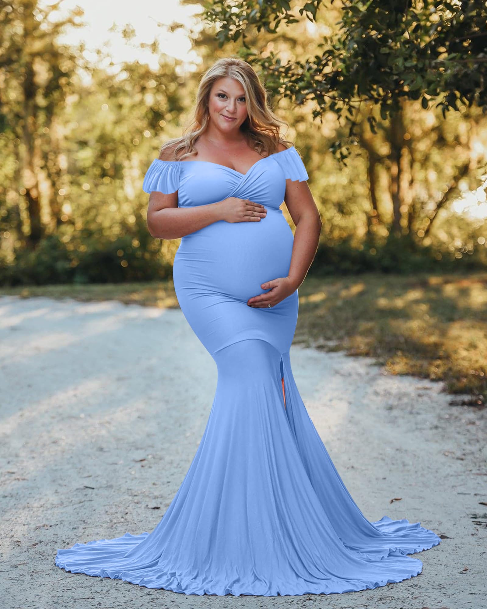 Saslax Off Shoulder Ruffle Sleeves Elegant Fitted Maxi Maternity Dress for Photoshoot Baby Shower
