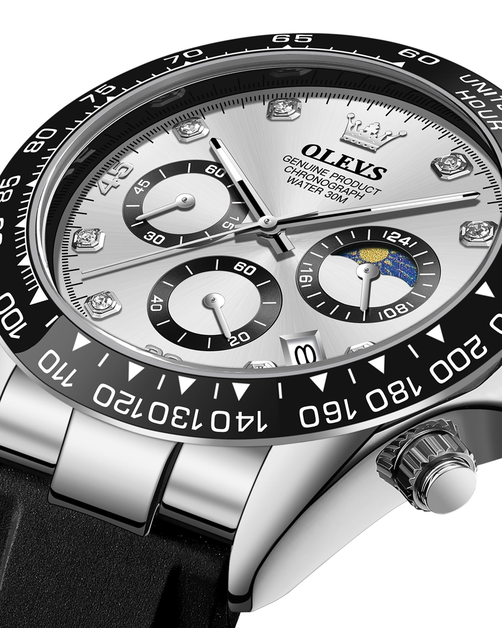 OLEVS Men Analog Quartz Waterproof Watches Multifunction Chronograph Diamond Moon Phase Luminous Silicone Band Wrist Watches