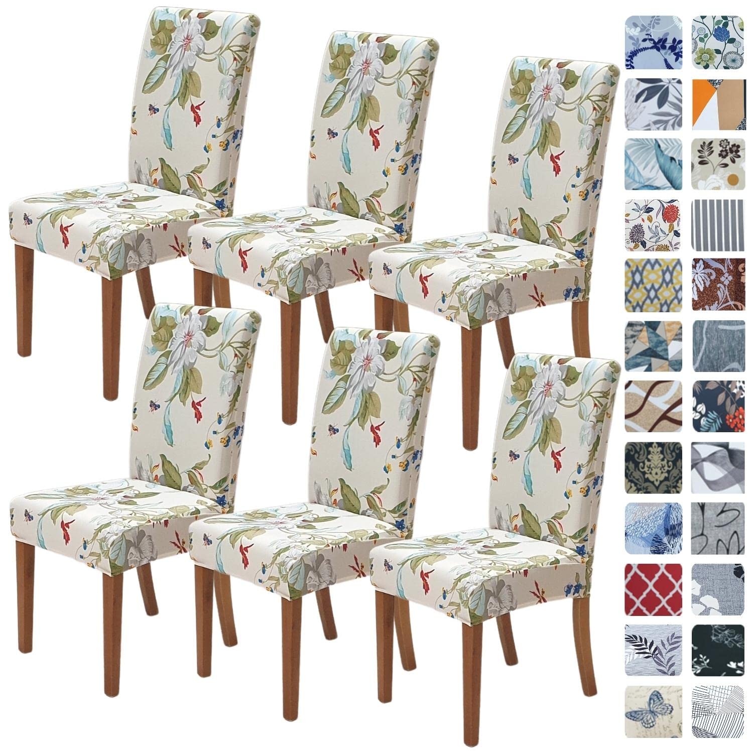SPRINGRICO Chair Covers for Dining Room 6 Pack, Stretch Dining Chair Cover, Washable Spandex Kitchen Parsons Chair Slipcovers, Removable Seat Protector for Home or Party (Set of 6, Floral Beige)