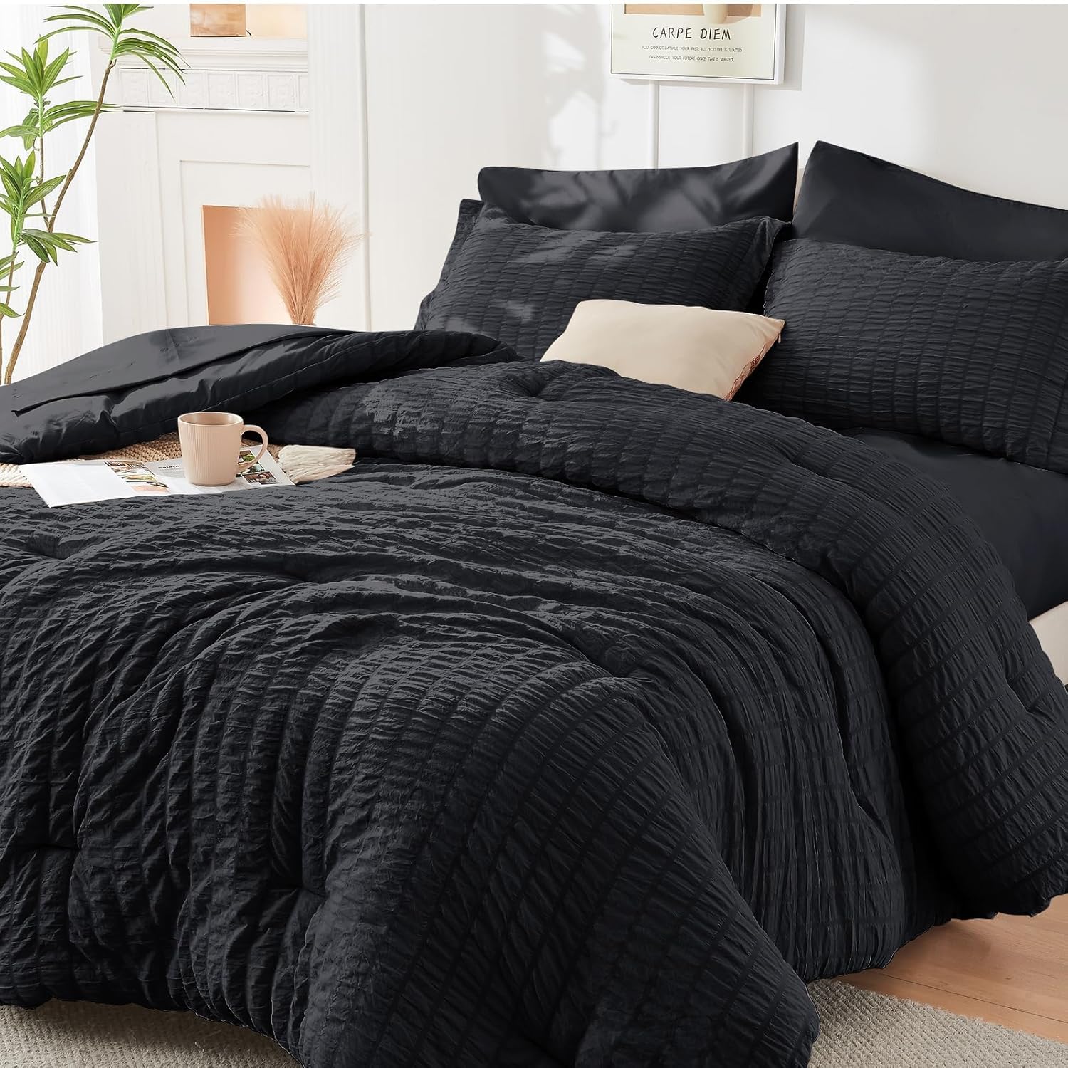 HYMOKEGE 7 Piece King Size Comforter Set Seersucker, All Season Luxury Bed in a Bag for Bedroom, Bedding Set with Comforters, Sheets, Pillowcases & Shams, Dark Grey