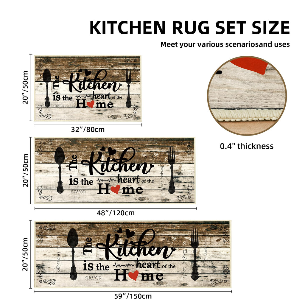 Tritard 100% Non Slip Kitchen Mats for Floor Washable Kitchen Rugs Sets of 3 Farmhouse Kitchen Runner Rug Soft Rustic Kitchen Floor Carpet for Hallway, Laundry, Sink, Office, Brown