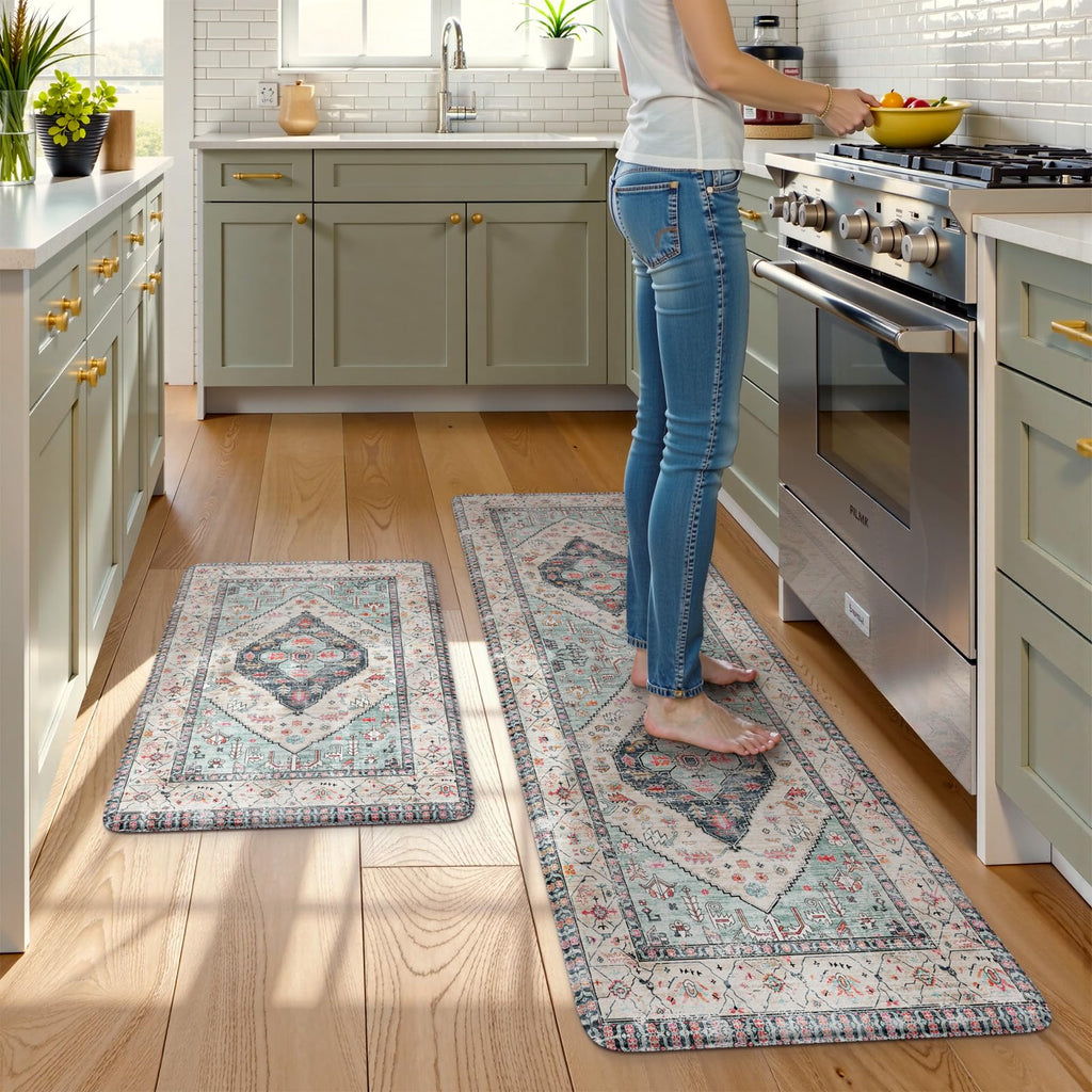 KIMODE Kitchen Mats 2PCS,Cushioned Anti Fatigue Kitchen Rugs and Mats,Non Skid Waterproof Kitchen Mats for Floor,Comfort Foam Standing Mat for Home Decor, Office,Sink,Laundry Room,Desk,Black and White