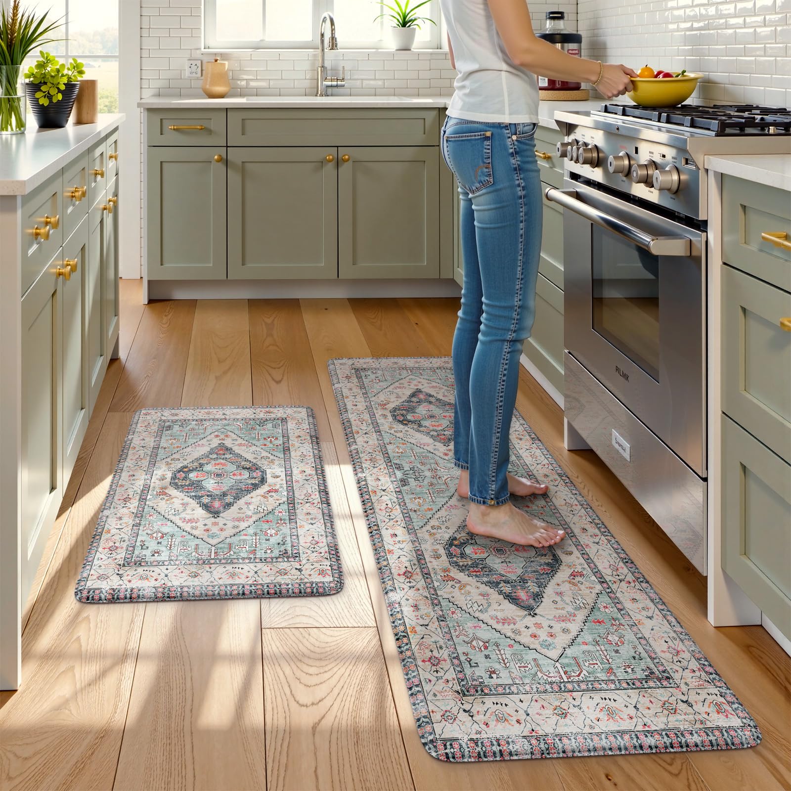 KIMODE Kitchen Mats 2PCS,Cushioned Anti Fatigue Kitchen Rugs and Mats,Non Skid Waterproof Kitchen Mats for Floor,Comfort Foam Standing Mat for Home Decor, Office,Sink,Laundry Room,Desk,Black and White