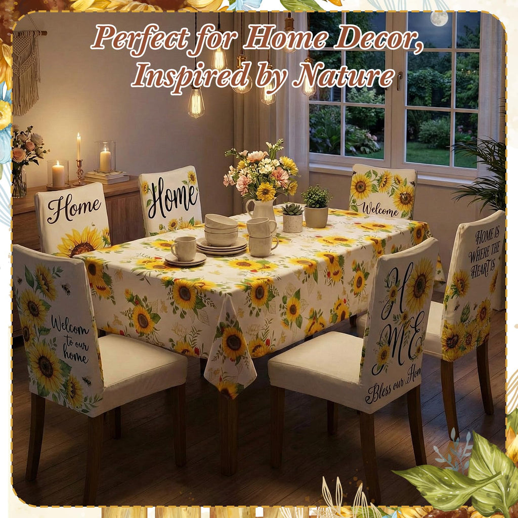 7 Pcs Sunflower Chair Covers and Tablecloth Set 60 x 84 Inch Waterproof Stain Rectangular Table Cover with Stretchable Removable Chair Slipcovers for Dining Room Kitchen Patio Summer Parties