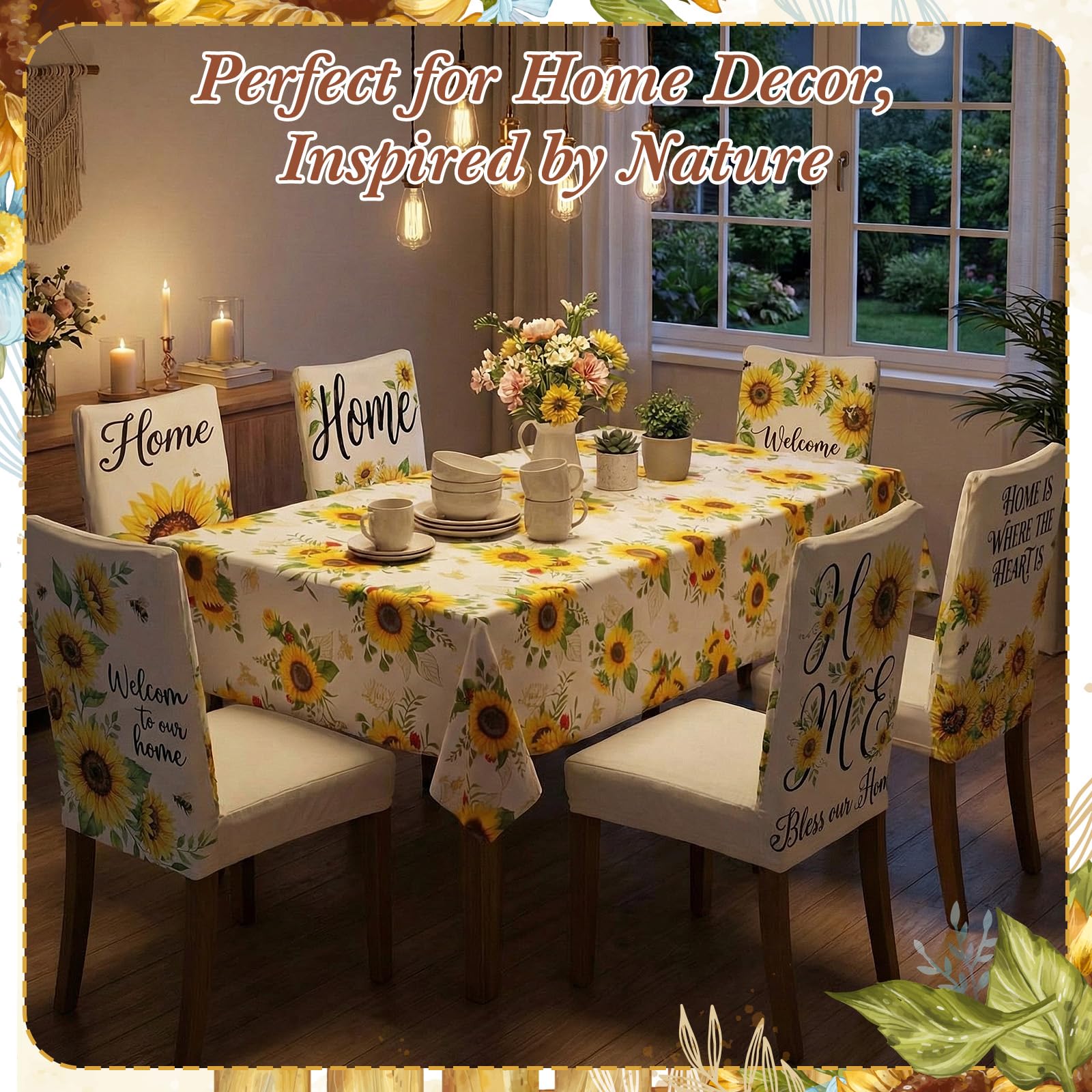 7 Pcs Sunflower Chair Covers and Tablecloth Set 60 x 84 Inch Waterproof Stain Rectangular Table Cover with Stretchable Removable Chair Slipcovers for Dining Room Kitchen Patio Summer Parties