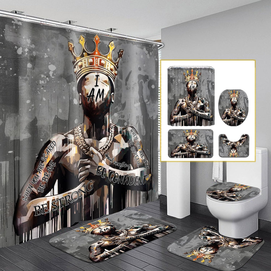 African American Shower Curtain Sets for Bathroom, Black Praying King Bathroom Sets with Waterproof Shower Curtain and Non-Slip Rugs Toilet Lid Cover Bath Mat, Cool Unique Man Bathroom Decor Sets