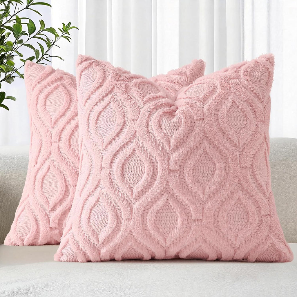 decorUhome Throw Pillow Covers 18x18 Inch Set of 2, Soft Plush Faux Wool Cream White Solid Couch Pillow Covers, Accent Farmhouse Neutral Square Pillow Cases for Sofa Bed Living Room