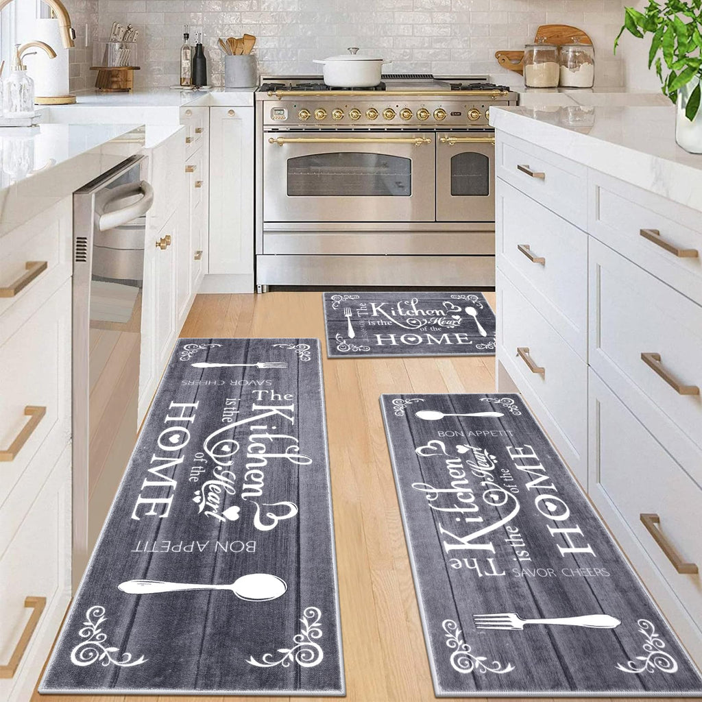 Vaukki Boho Kitchen Rug Sets 3 Pieces, Washable Kitchen Mats for Floor, Non Slip Soft Kitchen Area Rug Floor Mat for Kitchen, Laundry Room and Hallway (Grey and Beige, 20''x32''+20''x47''+20''x59'')