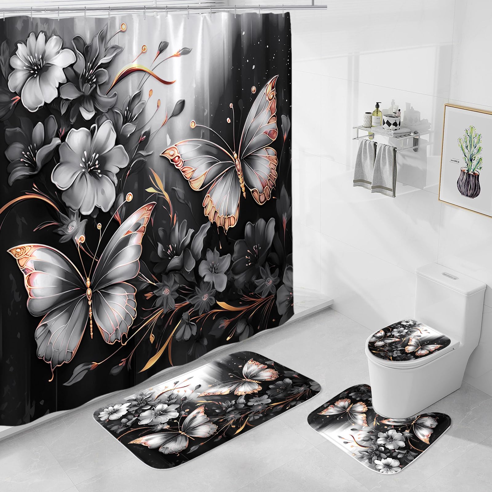Litabel 4 Pcs Black Floral Butterfly Shower Curtain Set with Non-Slip Rugs, White Gold Modern Toilet Lid Cover and Bath Mat, Elegant Bathroom Decor Set (Hooks Not Included)