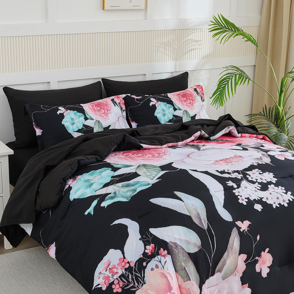 Yogeneg 7 Piece Bed in a Bag King Size Comforter Set Black Bedding Set,Gold Butterfly Leaves Printed on Black Reversible Design,Soft Microfiber Comforter with Sheet Set,All Season(Butterfly,King)
