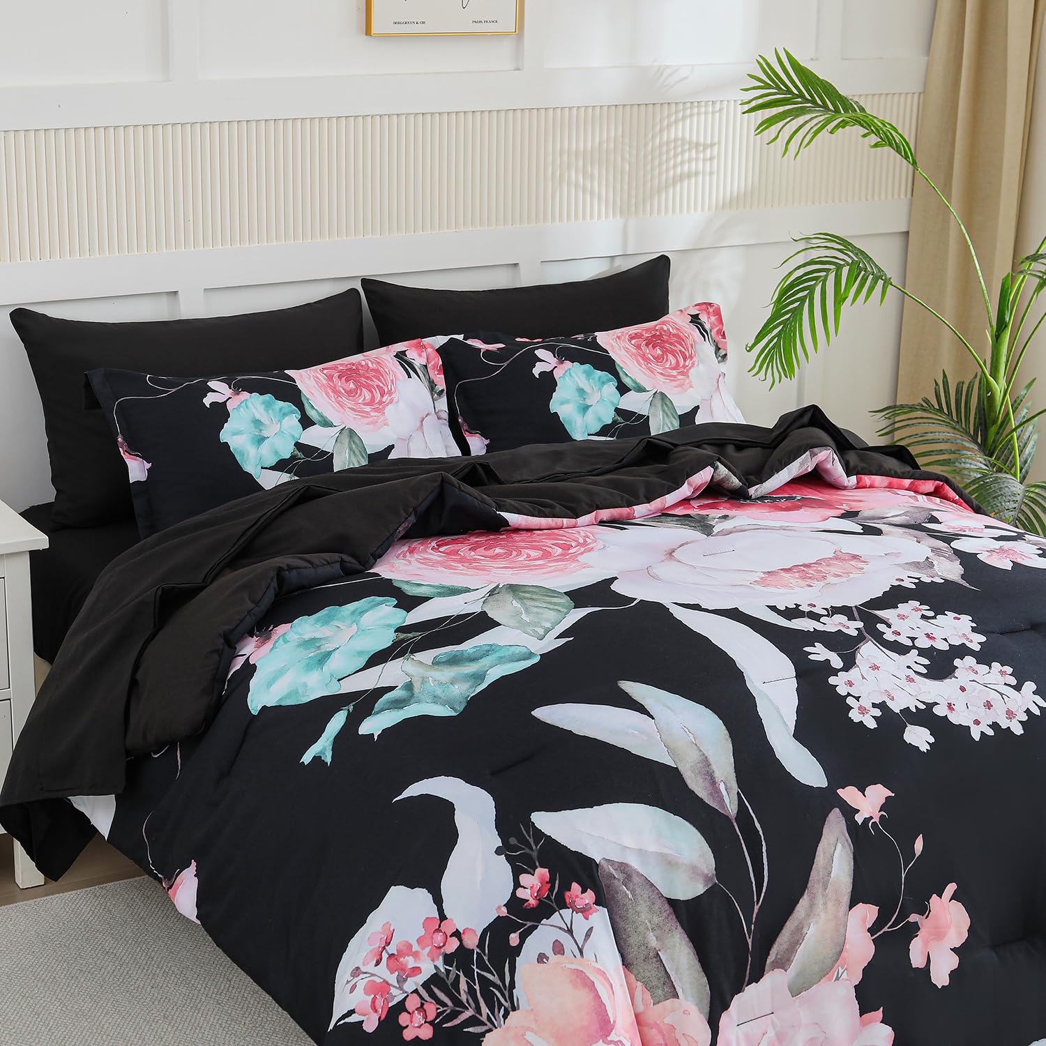 Yogeneg 7 Piece Bed in a Bag King Size Comforter Set Black Bedding Set,Gold Butterfly Leaves Printed on Black Reversible Design,Soft Microfiber Comforter with Sheet Set,All Season(Butterfly,King)