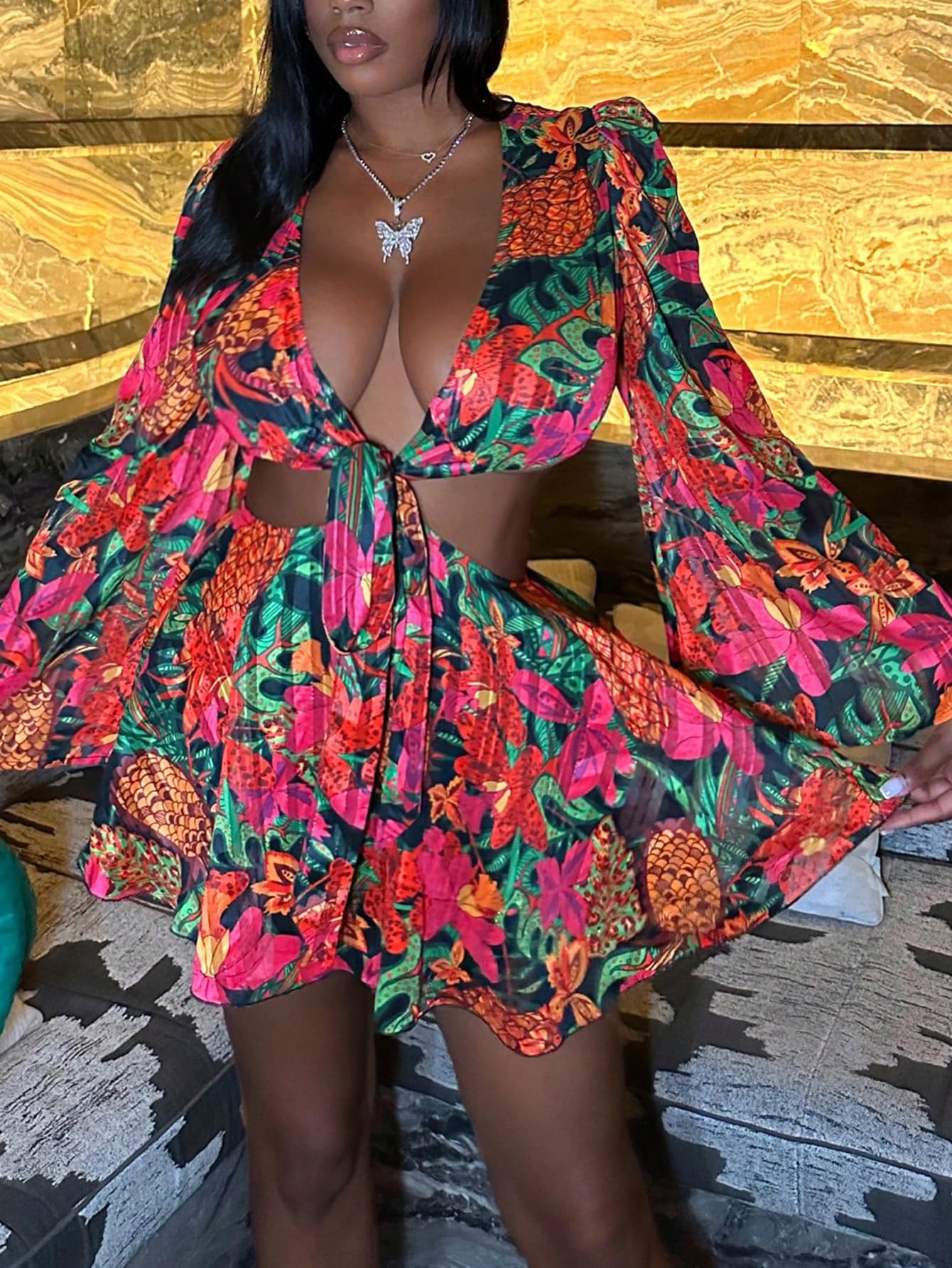BEAUDRM Women's Tropical Dresses Summer Dress Vacation Beach Sundresses Sexy Long Bell Sleeve Two Piece Vacation Outfits