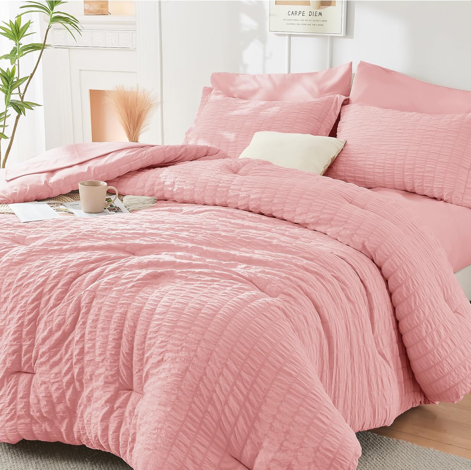 HYMOKEGE 7 Piece King Size Comforter Set Seersucker, All Season Luxury Bed in a Bag for Bedroom, Bedding Set with Comforters, Sheets, Pillowcases & Shams, Dark Grey